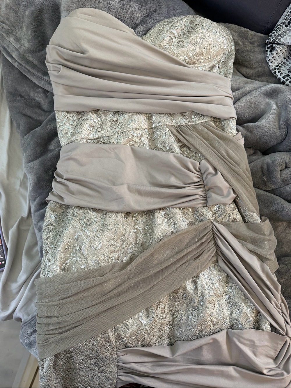 bebe Strapless Taupe Lace & Draped Chiffon Evening Dress